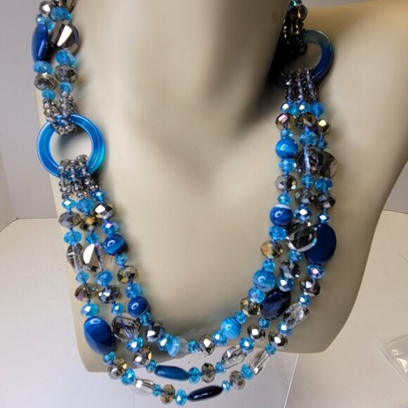 Blue Beaded Necklace MultiStrand Blue and Grey Beaded Necklace - Picture 8 of 13